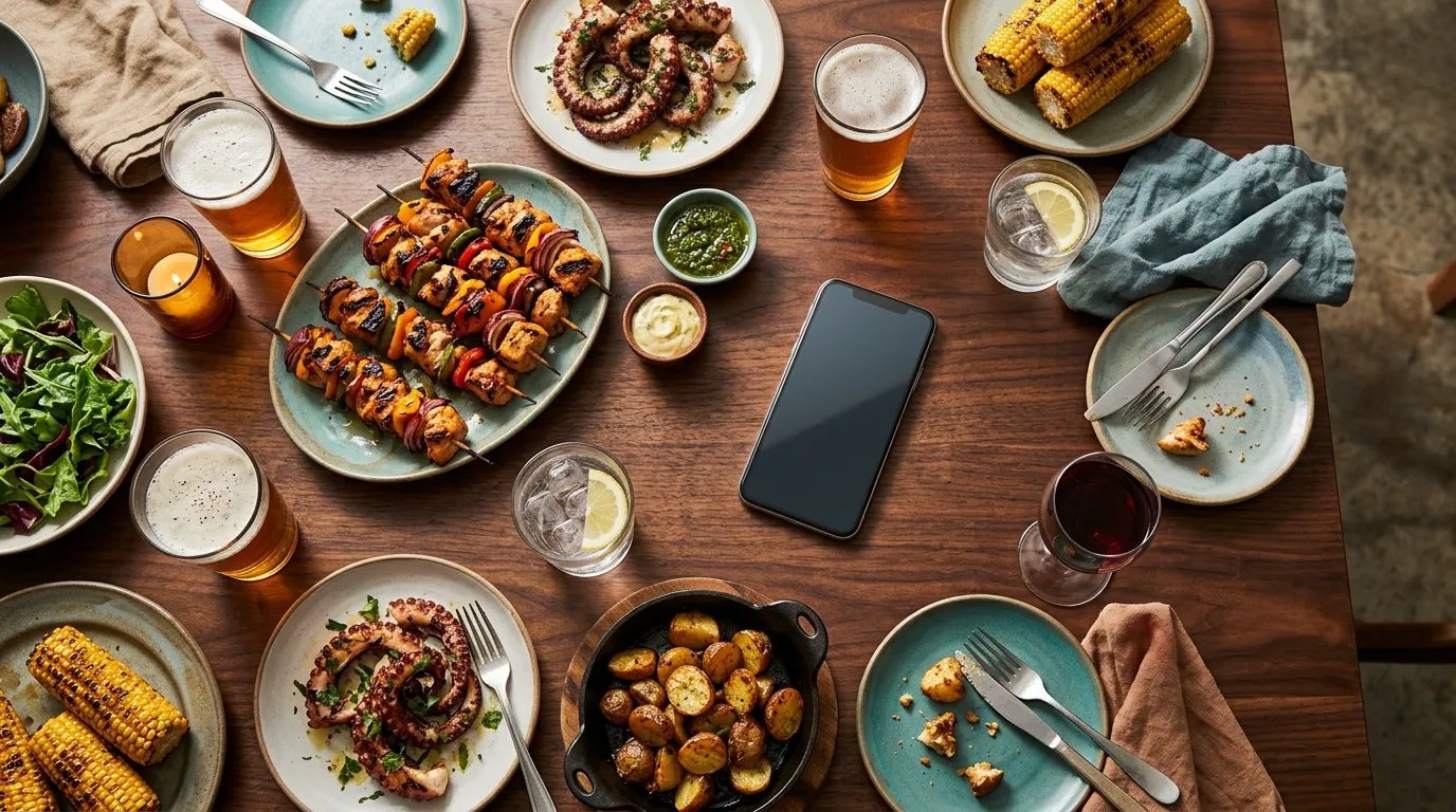 Mesa de restaurante com celular para lançar pedidos